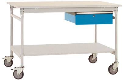 Een witte werktafel op wielen met een blauw afsluitbaar vak. Ideaal voor mobiele werkplaats- of opslagwerkzaamheden.