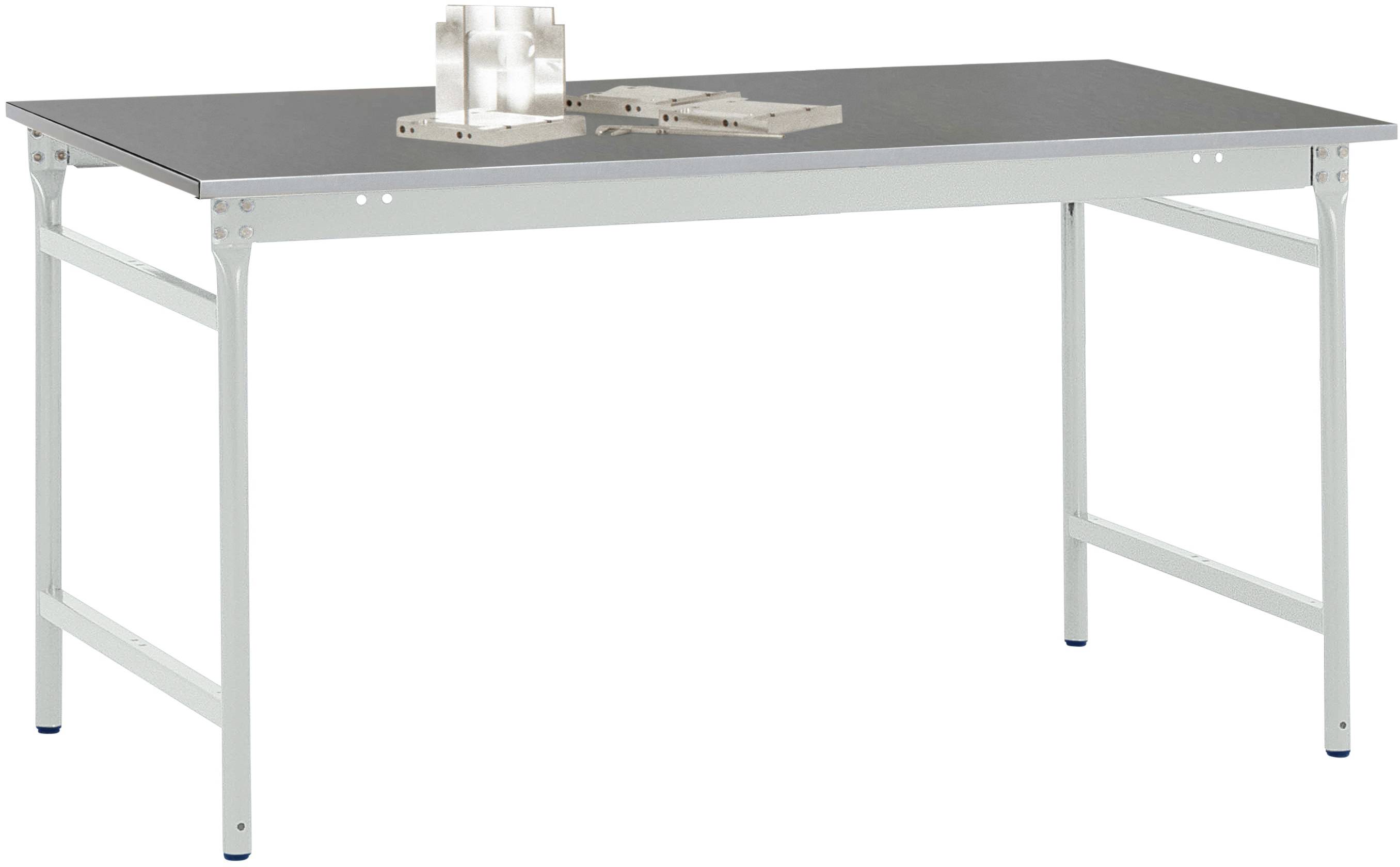 Een eenvoudige werktafel met lichte poten en een donker tafelblad, waarop enkele gereedschappen en materialen liggen.