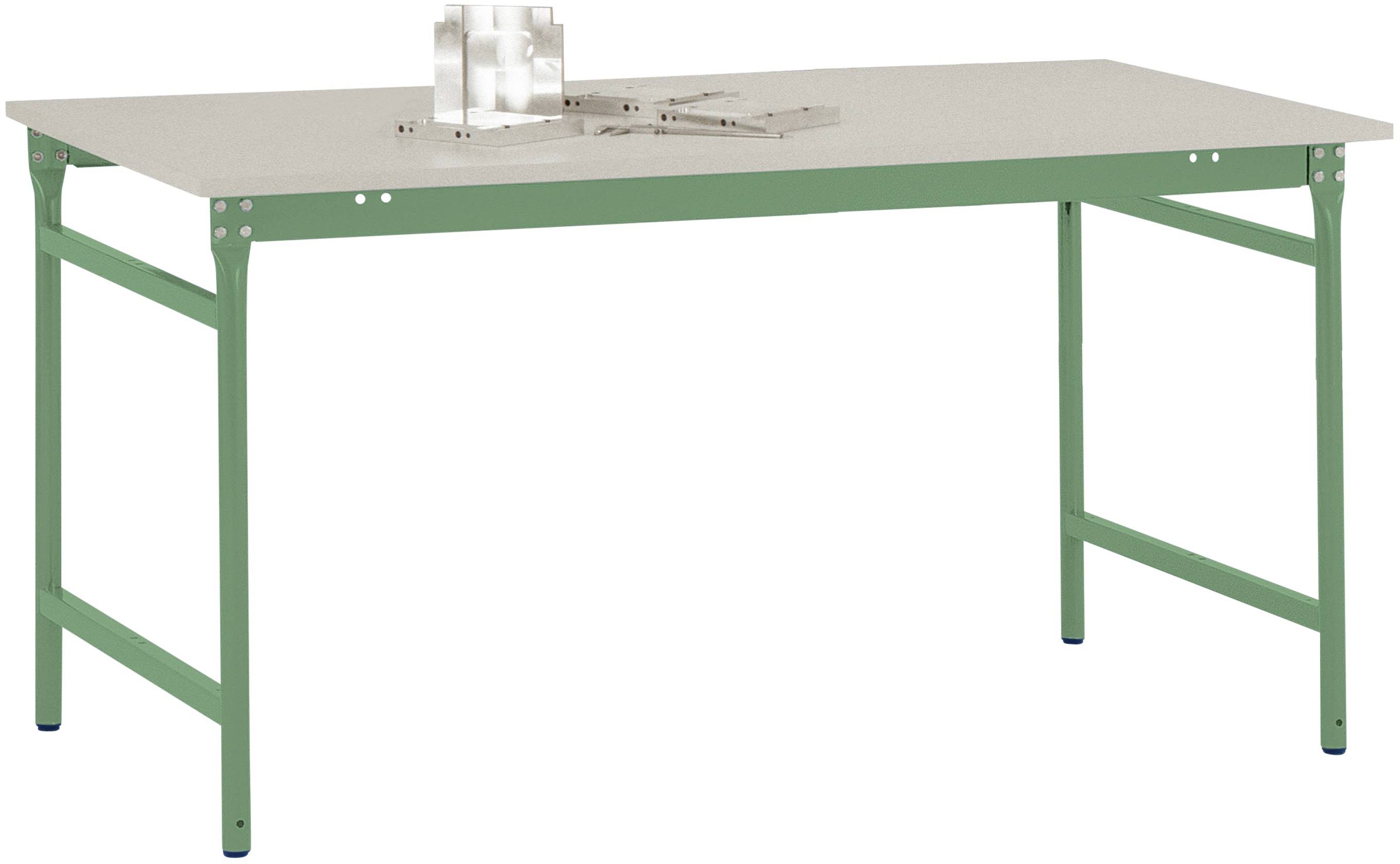 Rechthoekige tafel met een robuust, groen metalen frame en een lichte tafelblad. Op de tafelblad liggen bouwgereedschappen.