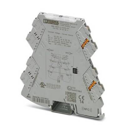 Een grijs, driehoekig relaismodule van Phoenix Contact, gemonteerd op een metalen rail, met aansluitklemmen en technische details afgedrukt.