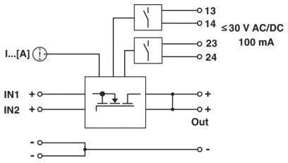 Schakelschema van een relais met twee ingangen (IN1, IN2) en één uitgang (Out). Maximale spanning: ≤30 V AC/DC, 100 mA stroomsterkte.
