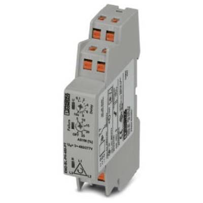 'Phoenix Contact tijdrelais', grijs apparaat met rode klemmen. Functies: vertraging, spanning 24-240V. Technische symbolen en instellingen aan de voorzijde.