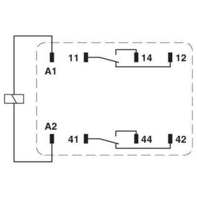 Schakelschema van een relais met spoelaansluitingen A1, A2 en contactaansluitingen 11, 12, 14, 41, 42, 44.