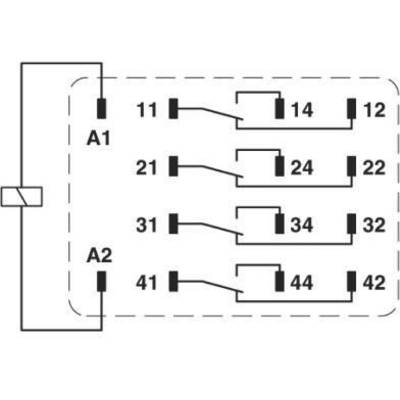 Schakelschema van een relais met vier maakcontacten (11-14, 21-24, 31-34, 41-44) en twee spoelaansluitingen (A1, A2).