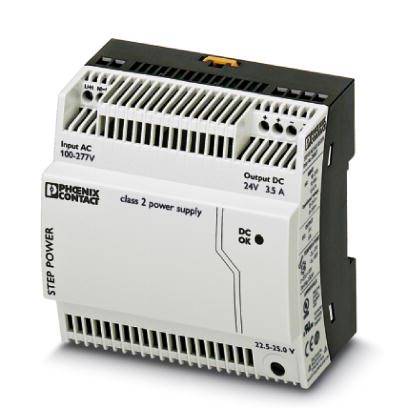 Een schakelvoeding van Phoenix Contact met een ingangsspanning van 100-277V en een uitgangsspanning van 24V, 3,5A.