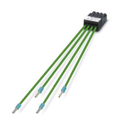 Een vierpens, groene stekkerverbinding met opschrift op zwarte kunststof, geschikt voor elektrische aansluitingen.