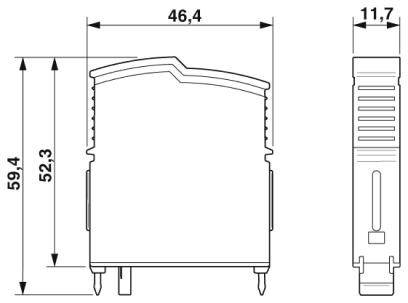 Technische tekening van een apparaat met afmetingen: breedte 46,4 mm, hoogte 59,4 mm, diepte 11,7 mm. Toont voor- en zijaanzicht.