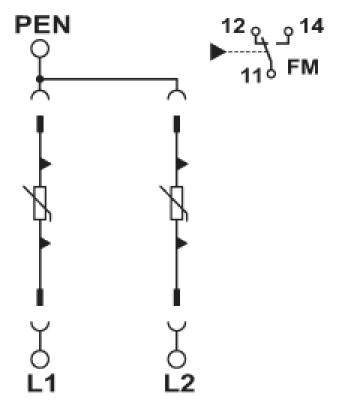 Schakelschema toont een elektrisch systeem met twee schakelaarlijnen L1 en L2, die zijn verbonden met PEN. Een schakelaar verbindt klem 12 met FM.