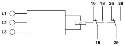 Schakelschema met drie ingangen L1, L2, L3 en drie uitgangen 16, 18, 26. Labels 15 en 25, verbinding weergegeven door schakelaars.