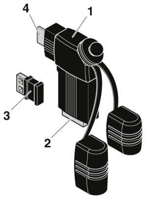 Zwart-wit schematische weergave van een stekker met nummers 1 tot 4 die verschillende onderdelen aanwijzen. Twee kabels zijn met elkaar verbonden.