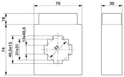 Technische tekening van een onderdeel met afmetingen: Breedte 70 mm, hoogte 74 mm, diepte 30 mm. Bevat details van de uitsparing en tussenruimten.