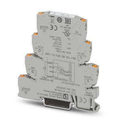 Een grijze elektronische module met labels en schakelschema aan de voorkant, gele en oranje aansluitingen bovenaan zichtbaar.