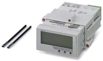 Een elektronisch meetapparaat met een digitaal display, twee grote bedieningsknoppen aan de voorkant, ernaast liggen twee dunne zwarte staven.