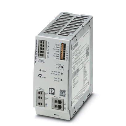 Een grijs elektronisch apparaat met koelribben en opschriften aan de voorkant, dat wordt gebruikt voor stroomvoorziening in technische installaties.