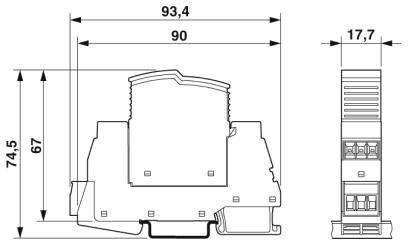 Technische tekening van een apparaat met afmetingen: breedte 93,4 mm, hoogte 74,5 mm, diepte 17,7 mm. Bovenaanzicht en zijaanzicht weergegeven.