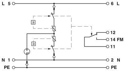 Elektrisch schema toont een vermogensschakelaar met drie ingangsklemmen (L, N, PE) en drie uitgangsklemmen (L, N, PE), evenals een stuurcircuit met schakelaars 11, 12 en 14 FM.