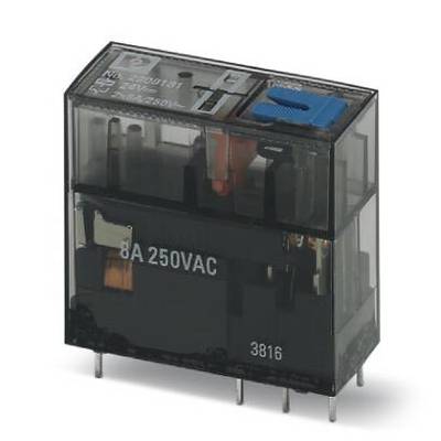 Een relais met een transparante behuizing, toont contacten en spoelsysteem. Opschrift: '8A 250VAC', representeert elektrische parameters.