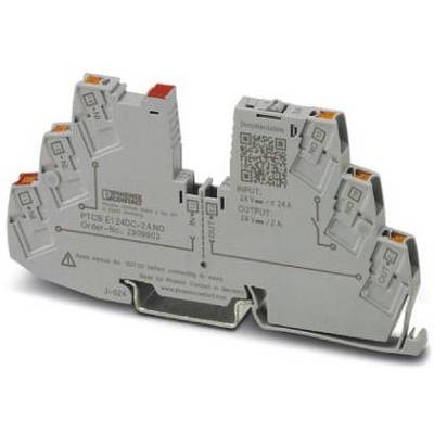 Een grijs, modulair opgebouwd elektrisch onderdeel met meerdere aansluitingen en gedrukte technische specificaties.