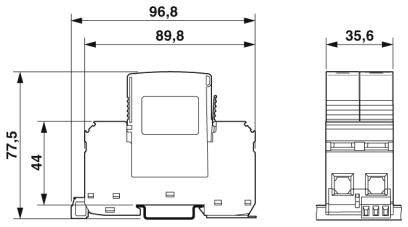 Technische tekening van een elektrisch onderdeel met afmetingen: breedte 96,8 mm, diepte 35,6 mm, hoogte 77,5 mm.
