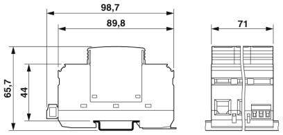 Technische tekening van een elektronisch apparaat met afmetingen: breedte 98,7 mm, diepte 71 mm, hoogte 65,7 mm, verdere maten en details.