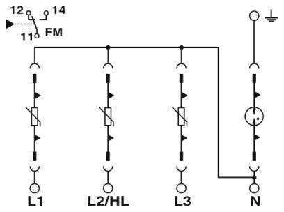 Schakelschema van een elektrische schakeling met drie parallelle zekeringen L1, L2/HL en L3, verbonden met een nulgeleider N en een aarding.