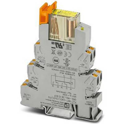 Een grijs, elektrisch koppelrelais met een oranje hefboom en opschriften toont schakelschema's en technische specificaties.