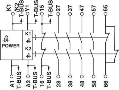 Bedradingsschema met een voeding links, die verschillende trajecten naar elektrische componenten verbindt, genummerd van 1 tot 66.
