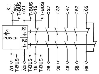 'Schakelschema van een elektrisch apparaat met stroomvoorziening en T-bus-verbindingen. Links een voedingsbox met K1 en K2; rechts genummerde aansluitingen.'