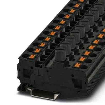 Een zwarte elektrische connector met meerdere aansluitingen en oranje klemmen, bedoeld voor gebruik in verdeelkasten.