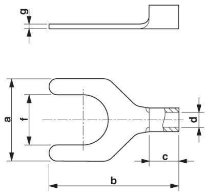 Technische tekening van een vorkkopverbinding, toont afmetingen: lengte b, vorkbreedte f, vorkdikte g, binnendiameter van de vork d, stafdikte a, lengte van vorkpunt tot staf c.