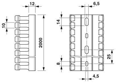 Technische tekening van een connector met afmetingen in millimeters: 12x10, 14x8, 4,5x25. Toont voor- en bovenaanzicht.