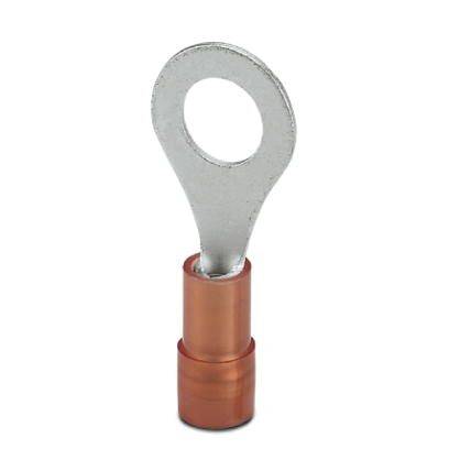 Een kabelschoen met een ronde metalen aansluiting bovenaan en een kopergekleurde cilindrische schacht onderaan, op een witte achtergrond.
