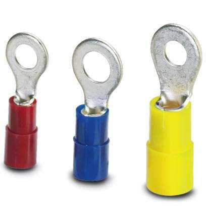 Drie kabelschoenen: rood, blauw en geel in verschillende maten, van metaal met ronde ogen en gekleurde isolaties.