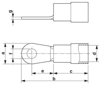 De technische tekening toont een gedetailleerd aanzicht van een stekkerverbinding met labels voor de afmetingen a, b, c, d, e, f, g.