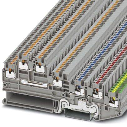De afbeelding toont een gestapelde schikking van rijgklemmen met verschillende kleurencoderingen voor elektrische bedrading.