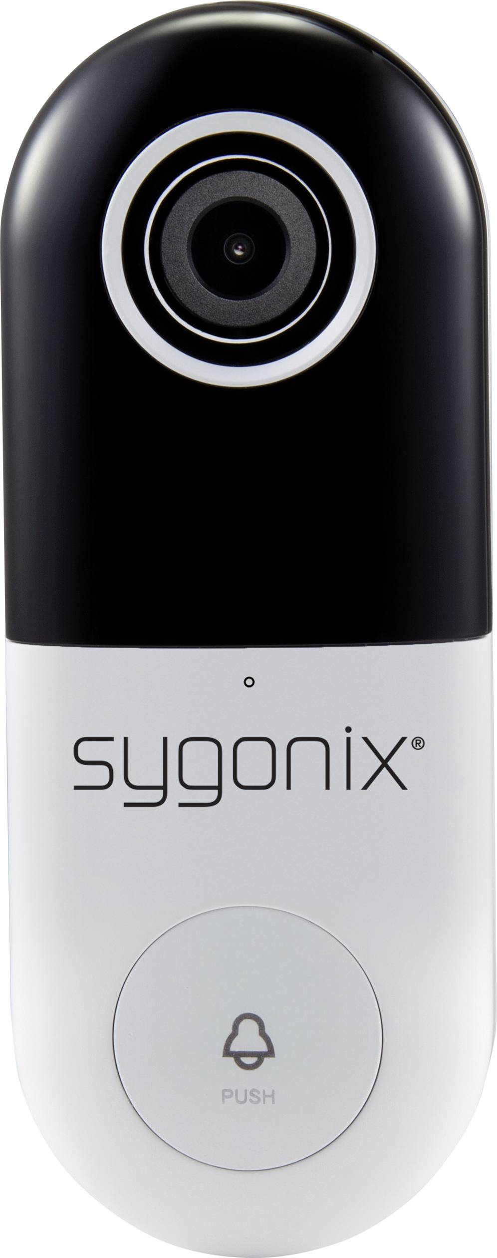 Een zwart-witte Sygonix video-deurbel met camera en belknop.