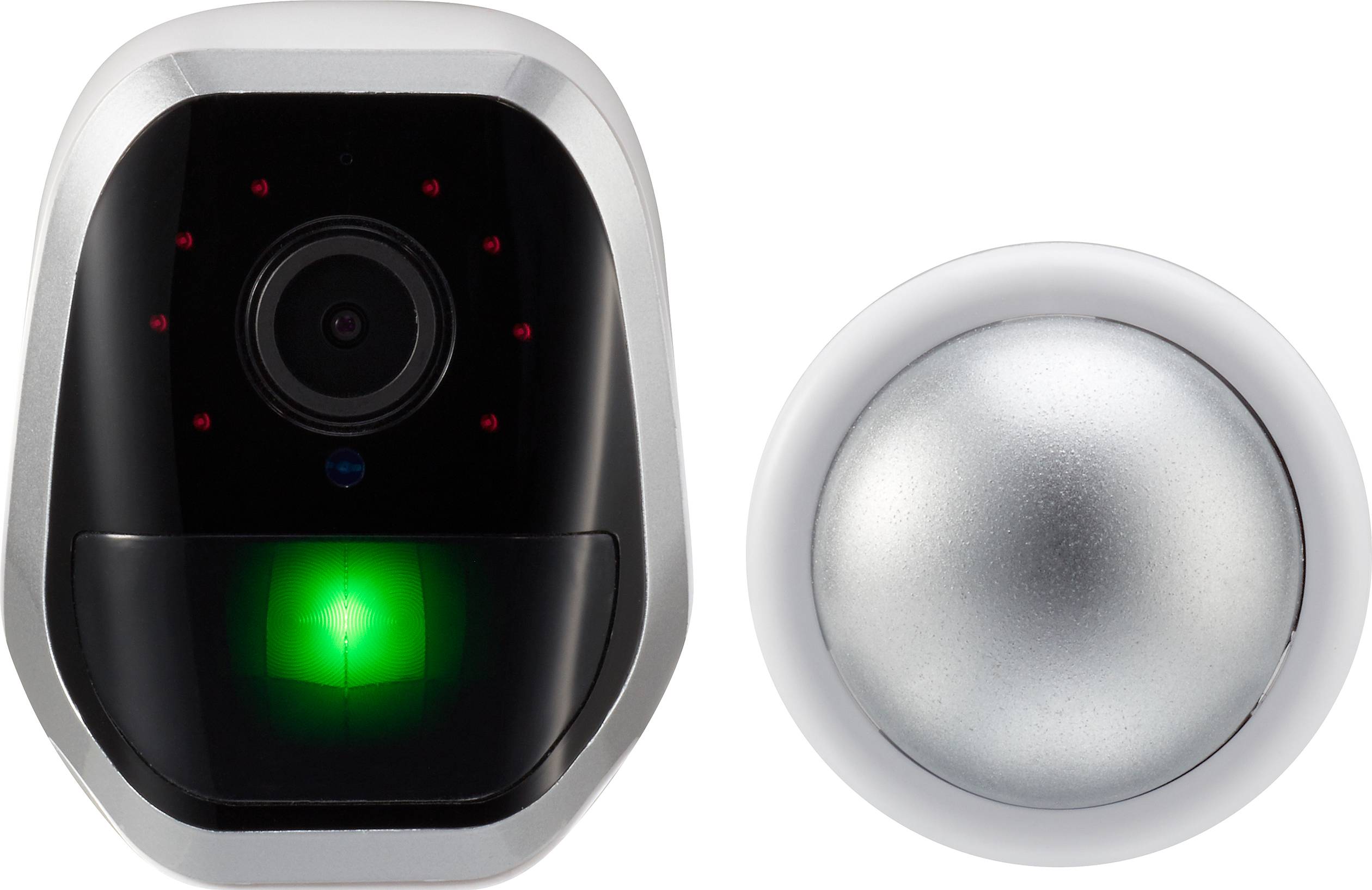Digitale deurbel met camera en LED-indicatie, naast een ronde, zilveren belknop.
