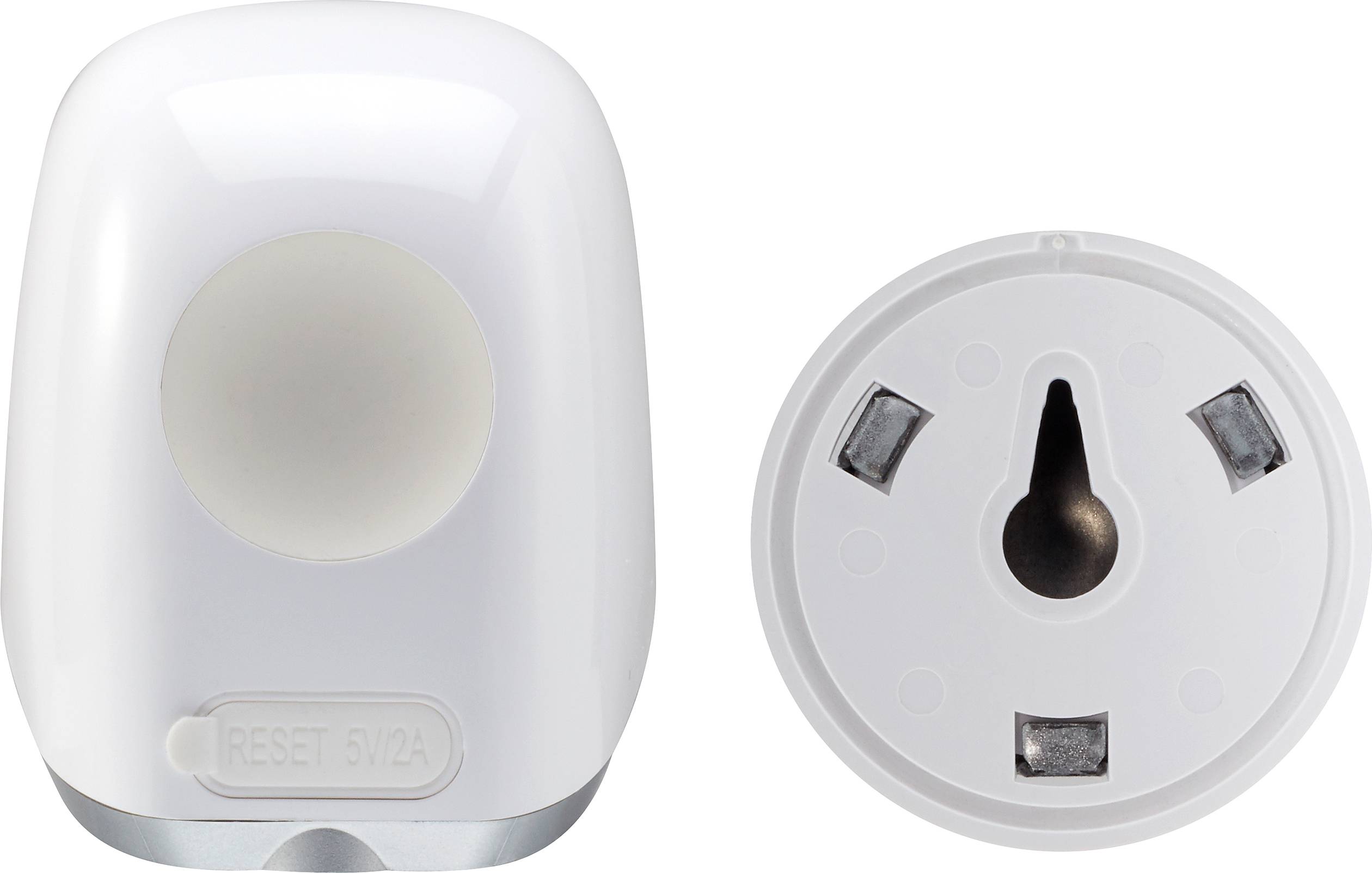 Twee witte stopcontactadapters, waarvan er één de voorkant met knop toont en de andere de achterkant met stopcontactaansluitingen.
