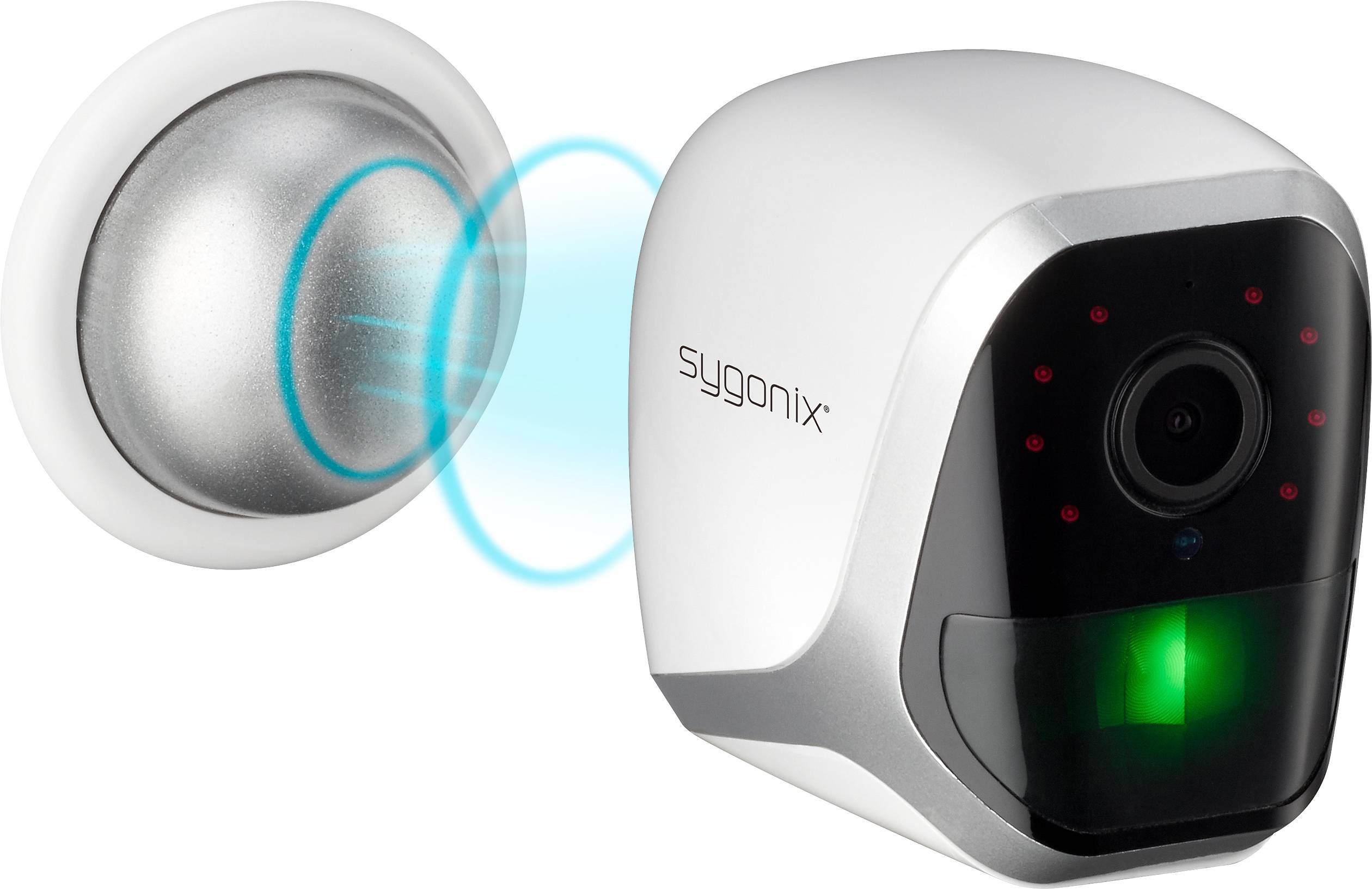 Een draadloze beveiligingscamera met een afneembare magnetische voet van Sygonix, ideaal voor bewaking binnens- en buitenshuis.
