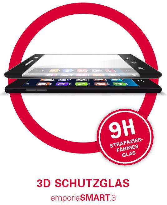 'Weergave van 3D beschermglas voor emporiaSMART.3. Hoge krasbestendigheid met 9H hardheidsgraad, beschermt het smartphonescherm.'