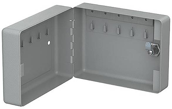 Grijs-grijze metalen sleutelkast met open deksel, binnenkant voorzien van zes haken voor het opbergen van sleutels.