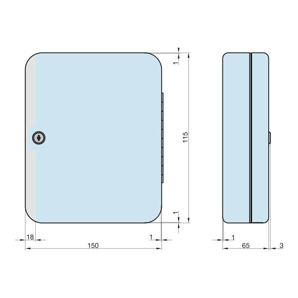 Afbeelding van een blauwe rechthoekige doos met scharnier en sluiting. Afmetingen: 150x115x65 mm, dieptemaat 18 mm. Bovenaanzicht en zijaanzicht.