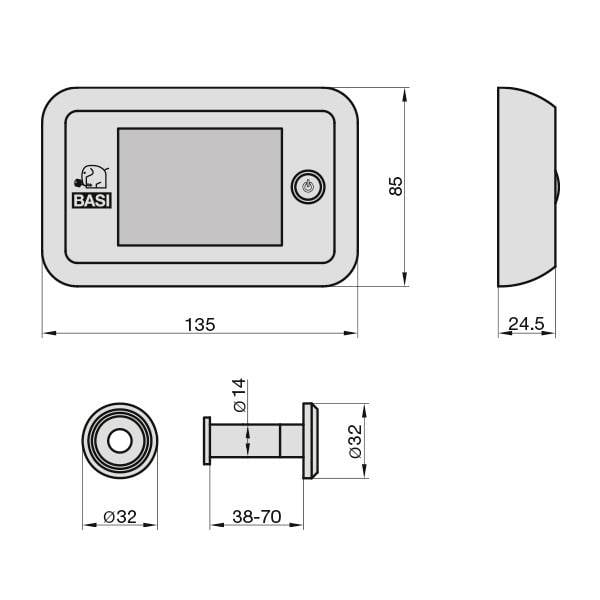 Maatschets van een digitale deurkijker. Toont buitenaanzicht en binnenaanzicht met afmetingen: 135x85mm en 32mm diameter.