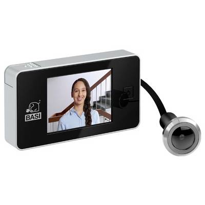 Een digitaal deurspionsysteem toont een display met een afbeelding van een persoon op een trappenhuis. Rechts is een camera bevestigd.