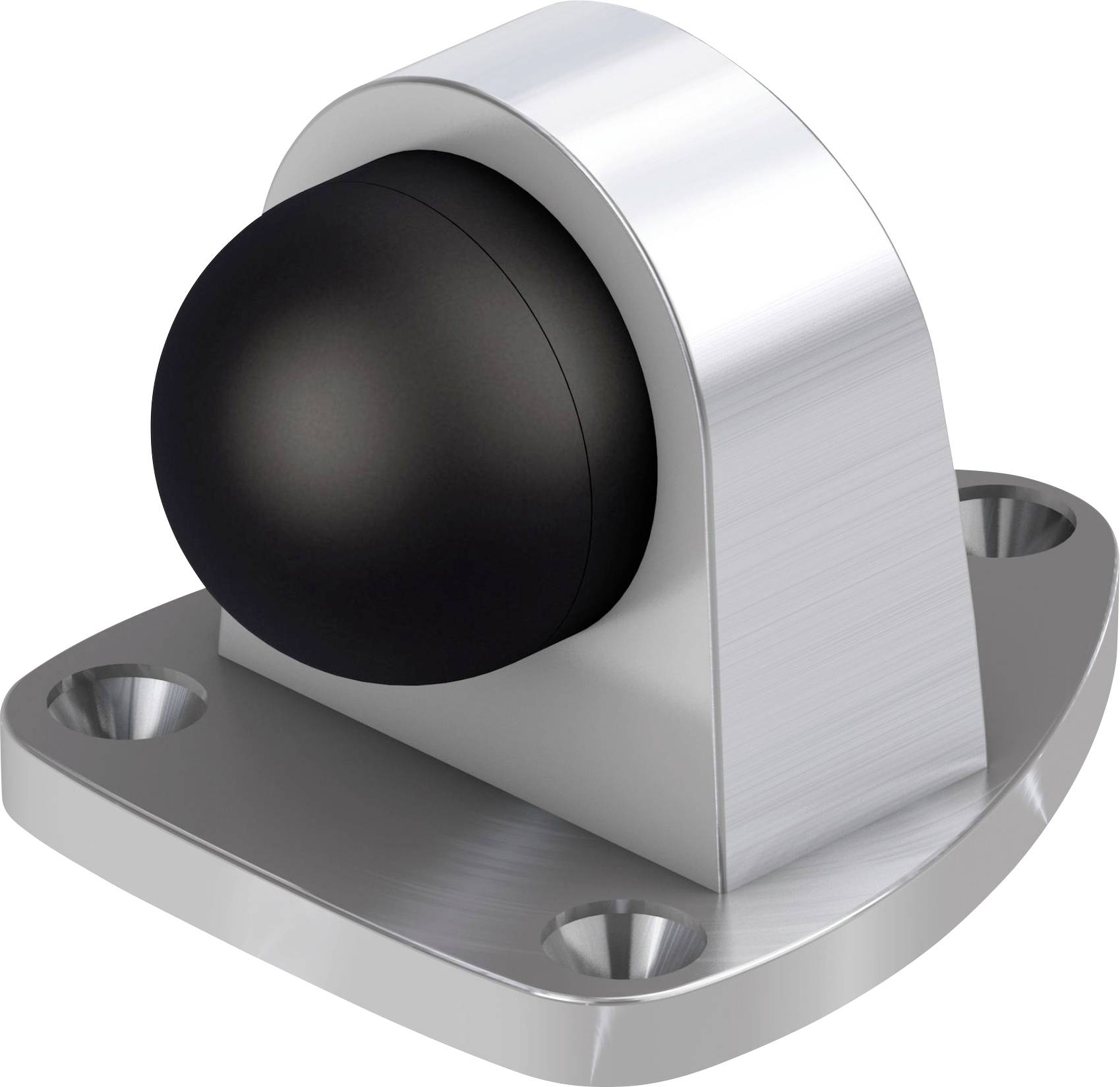 Metalen deurstop met zwarte rubberen kop en rechthoekige voet, voorzien van vier schroefgaten voor bevestiging.
