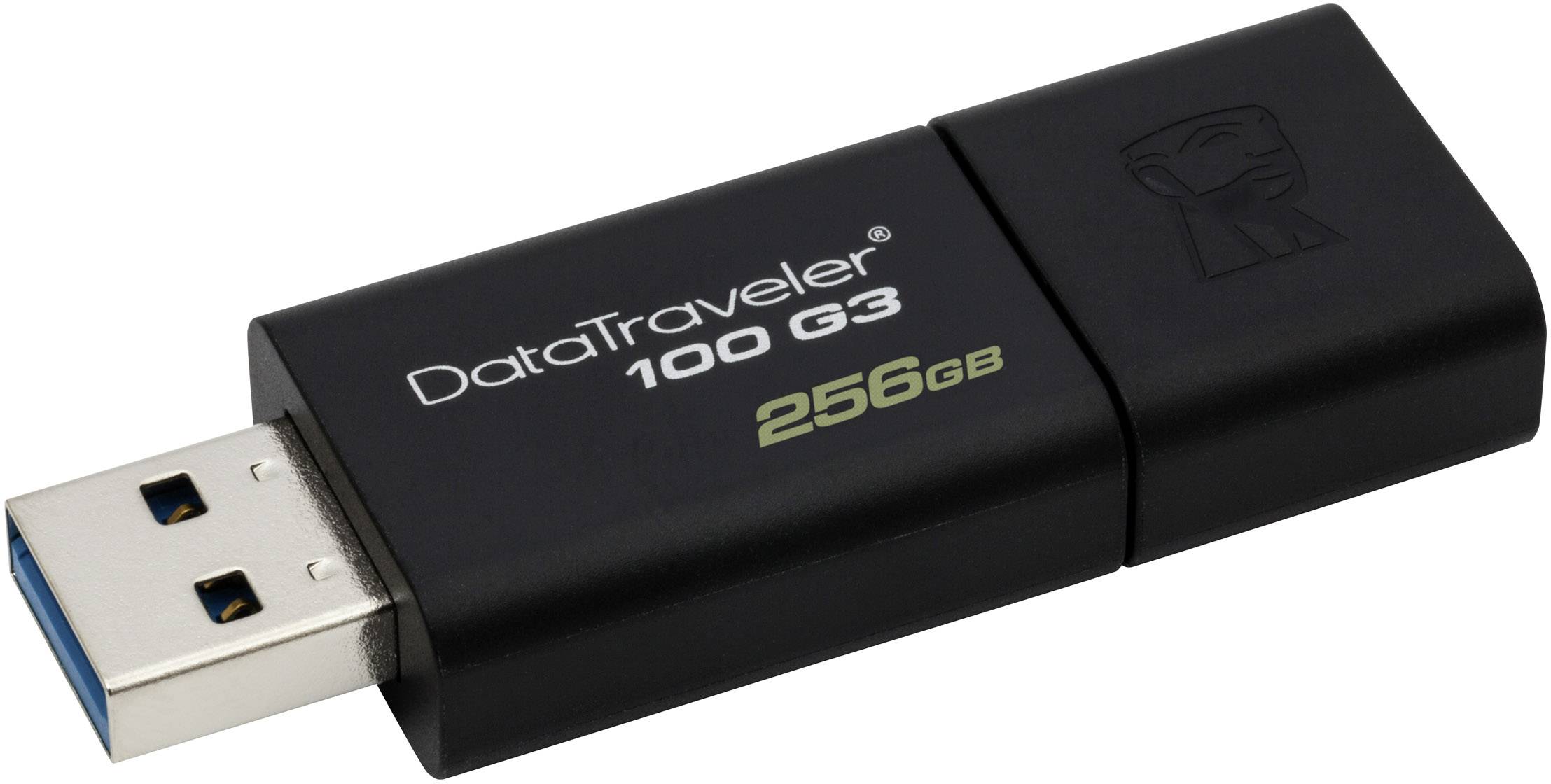 Zwarte USB-stick 'DataTraveler 100 G3' met een capaciteit van 256 GB, met de USB-aansluiting aan de linkerkant.