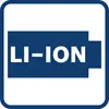 Blauw symbool met een witte achtergrond toont de tekst 'LI-ION', wat wijst op lithium-ionbatterijen.