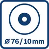 Symbool van een cirkel met een centraal punt, met diameter 'Ø 76/10 mm'