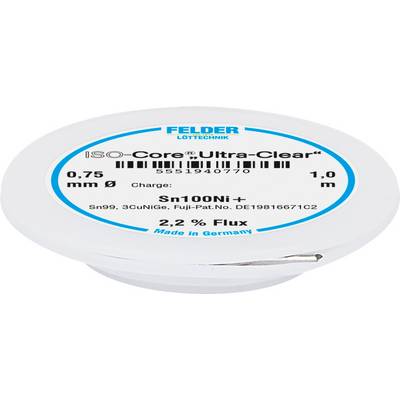 'Lötzinn ISO-Core Ultra-Clear' van Felder Löttechnik, 0,75 mm diameter, 1 m lengte, Sn100Ni+, 2,2% vloeimiddel, vervaardigd in Duitsland.