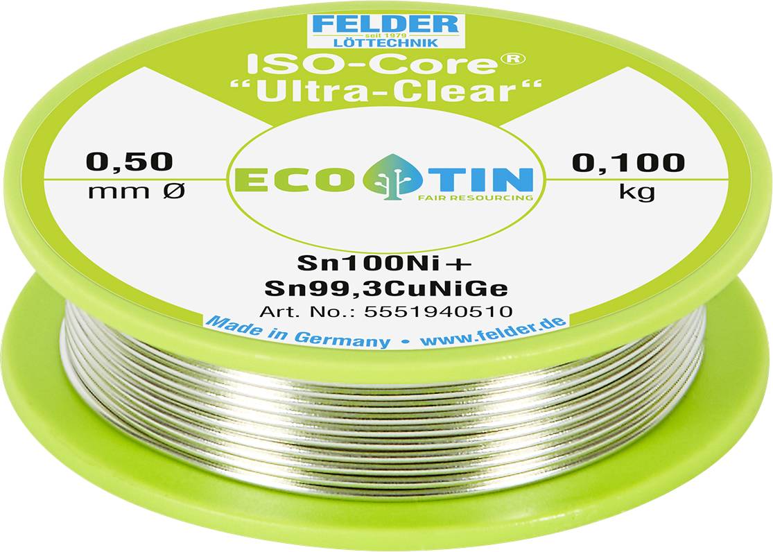 Spoel van FELDER ISO-Core 'Ultra-Clear' EcoTin soldeerdraat, gelabeld 0,50 mm en 0,100 kg, Sn100Ni+ voor elektronica.